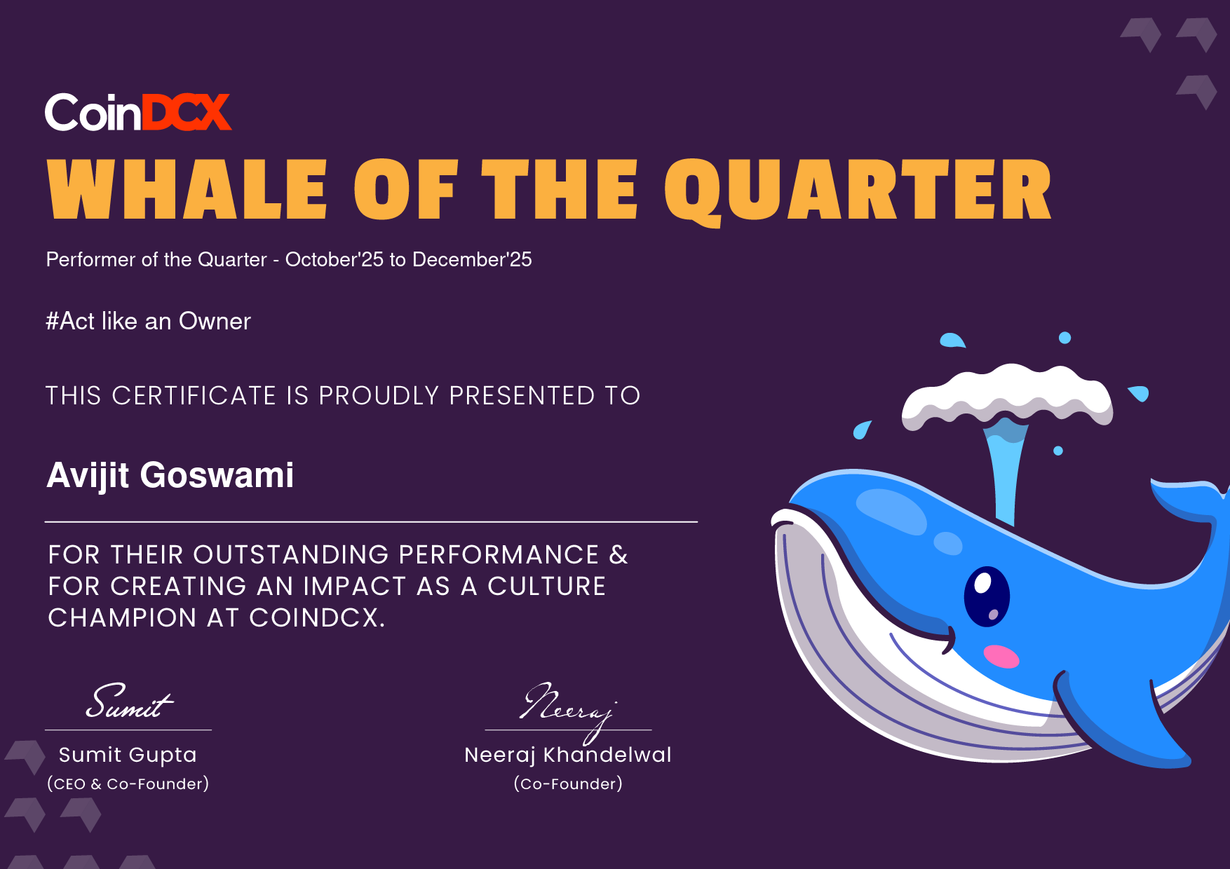 Avijit Goswami — Whale of the Quarter award certificate from CoinDCX, recognized by CEO Sumit Gupta